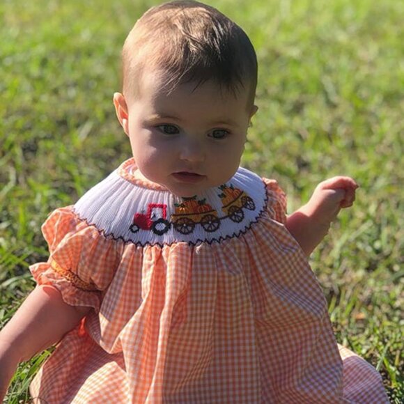 New Thanksgiving Pumpkins Girls Bishop Smocked Dress Orange Plaid Fall Tractor - Picture 1 of 7